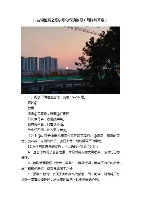 古诗词鉴赏之炼字炼句专项练习（附详细答案）