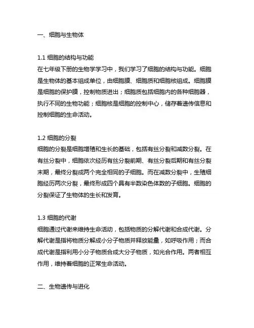 七年级下册生物知识点总结归纳