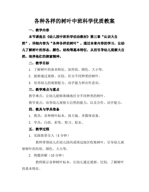 各种各样的树叶中班科学优质教案