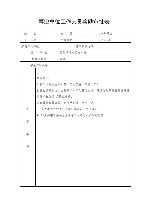 事业单位工作人员奖励审批表
