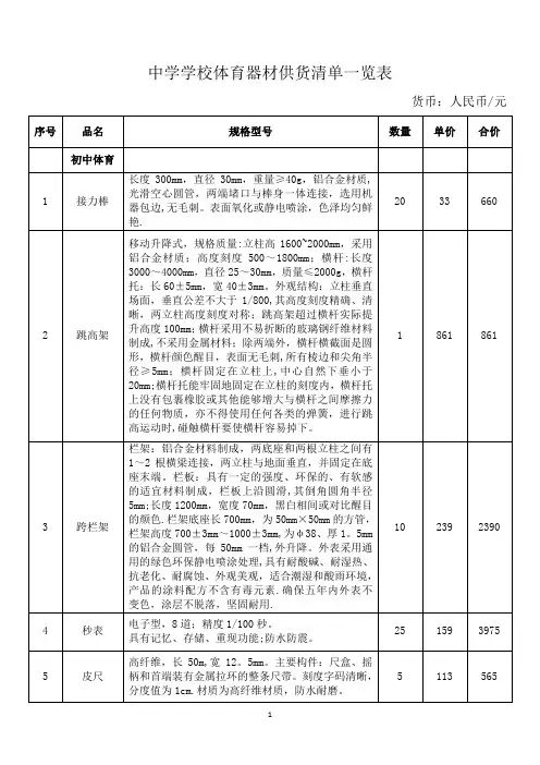 中学学校体育器材供货清单一览表一