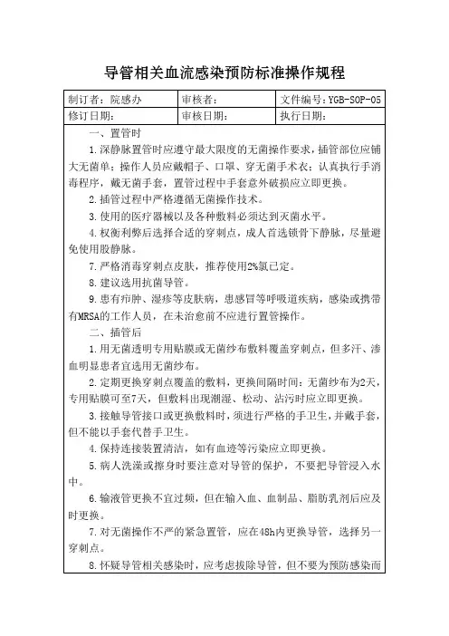 导管相关血流感染预防标准操作规程