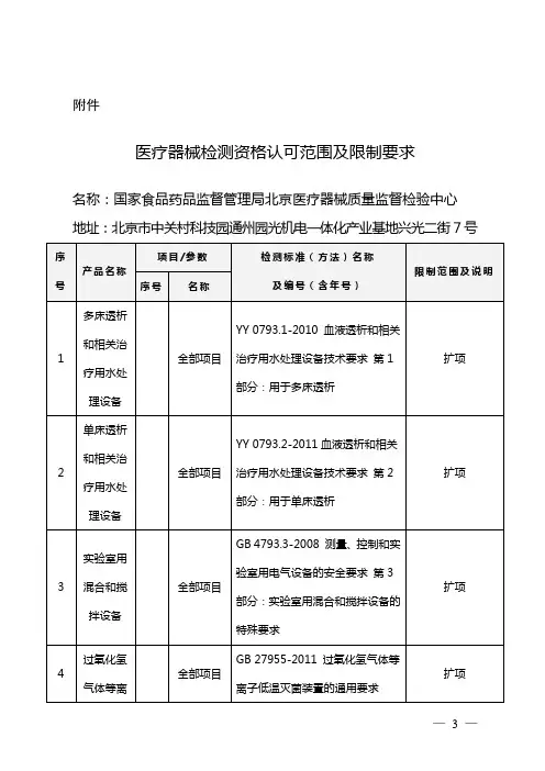 北京市医疗器械质量监督检验中心承检范围