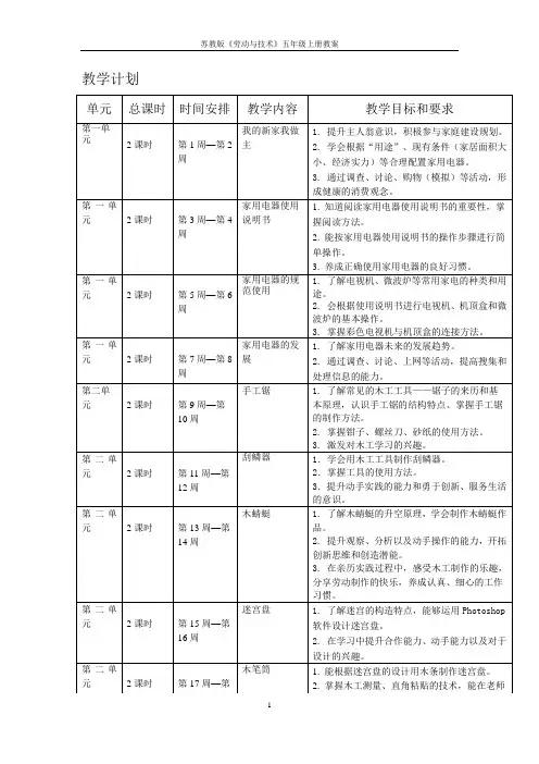 苏教版《劳动与技术》五年级上册教案