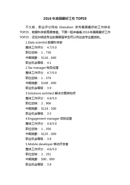 2016年美国最好工作TOP25
