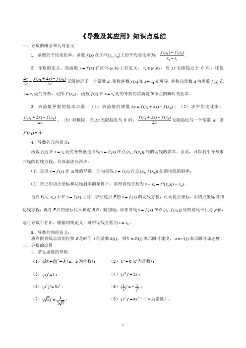 (完整版)导数知识点总结及应用