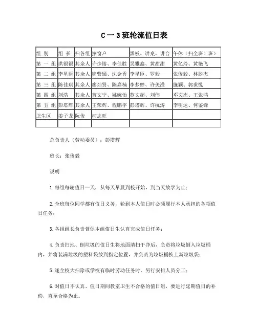 班级值日表格式