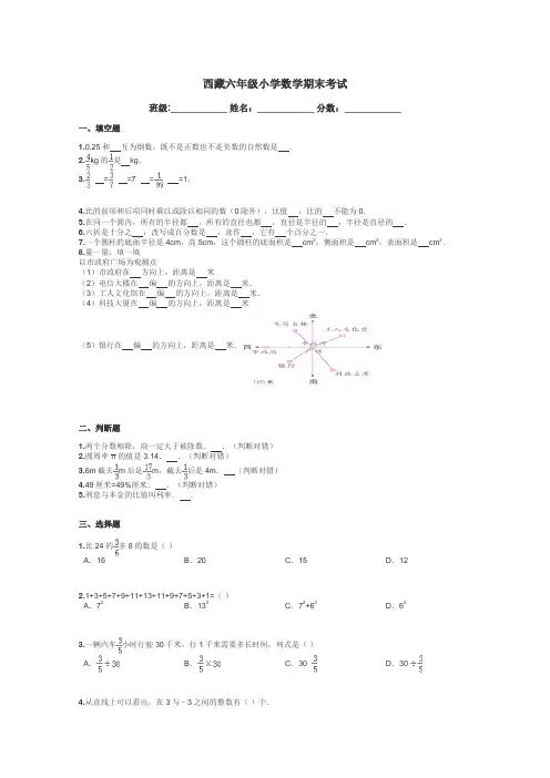 西藏六年级小学数学期末考试带答案解析
