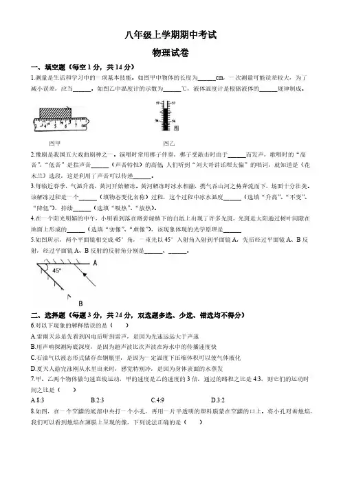 河南省郑州市第四初级中学2024-2025学年八年级上学期期中考试物理试卷(含答案)