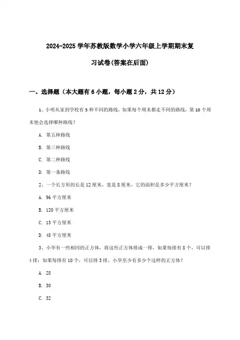 苏教版数学小学六年级上学期期末试卷及答案指导(2024-2025学年)