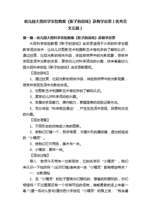 幼儿园大班科学实验教案《影子的游戏》及教学反思（优秀范文五篇）