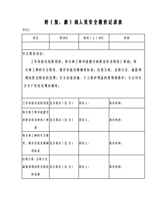 转(复、新)岗人员安全教育记录表
