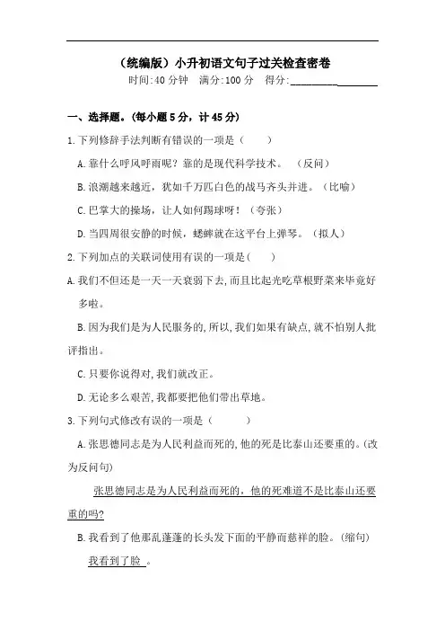 【精品】2020学年小升初语文句子过关检测密卷-人教统编版 (含答案)