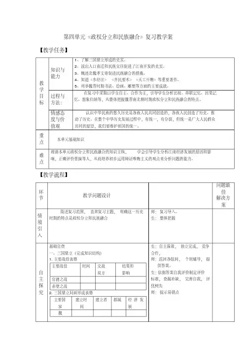 【推荐下载】七年级历史上册第四单元《政权分立和民族融合》复习教学案人教新课标版