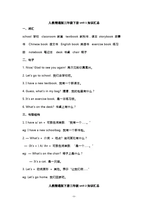 人教精通版英语三年级下册知识点1-3单元