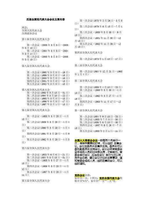 历届全国党代表大会会议主要内容