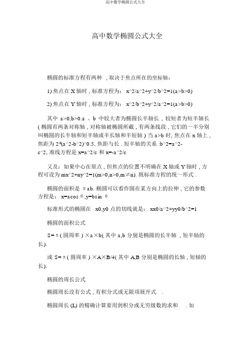 高中数学椭圆公式大全