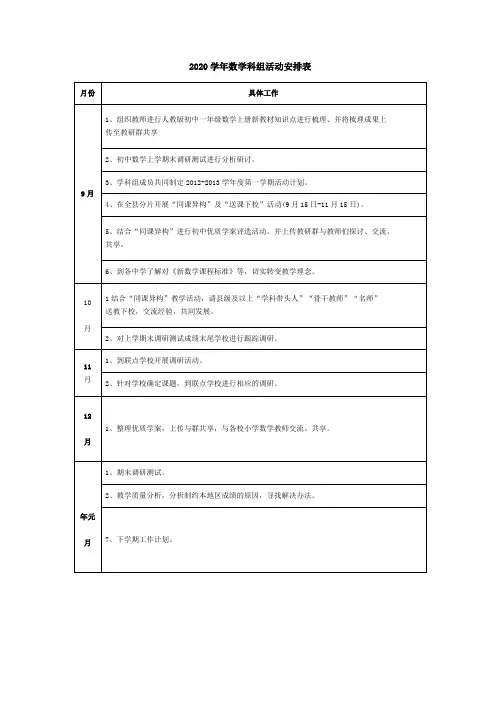 2020学年数学科组活动安排表