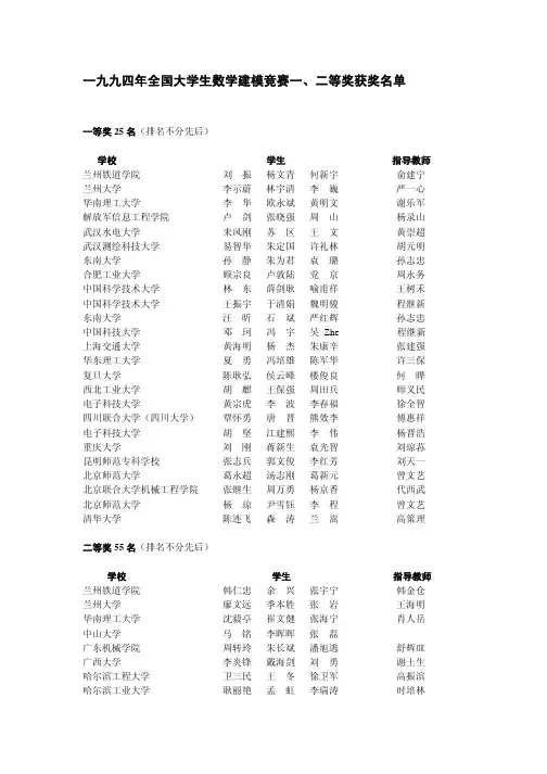 一九九四年全国大学生数学建模竞赛一,二等奖获奖名单