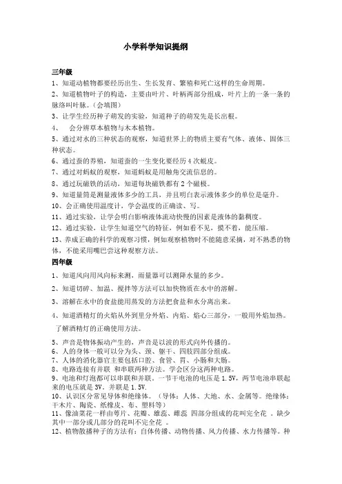 小学科学知识提纲