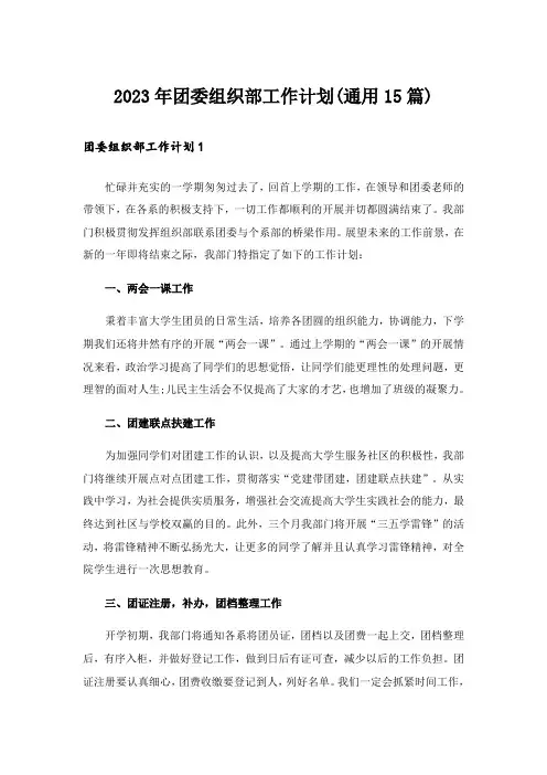 2023年团委组织部工作计划(通用15篇)