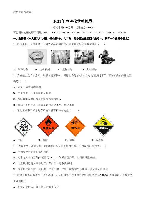 2021年中考化学模拟卷及答案