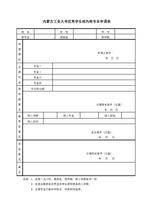 内蒙古工业大学优秀学生校内转专业申请表【模板】