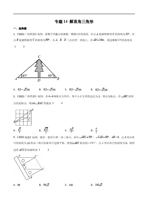 初三数学14 解直角三角形-2024年中考数学真题分项汇编(全国通用)(原卷版)