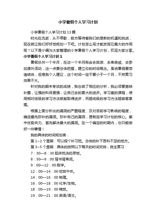 小学暑假个人学习计划13篇