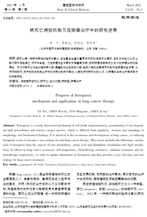 铁死亡调控机制及在肺癌治疗中的研究进展