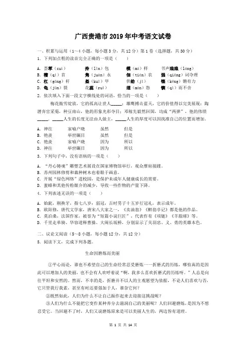 2019年广西贵港市中考语文试卷及答案解析