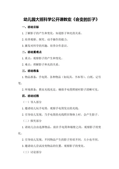 幼儿园大班科学公开课教案《会变的影子》