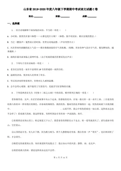 山东省2019-2020年度八年级下学期期中考试语文试题C卷