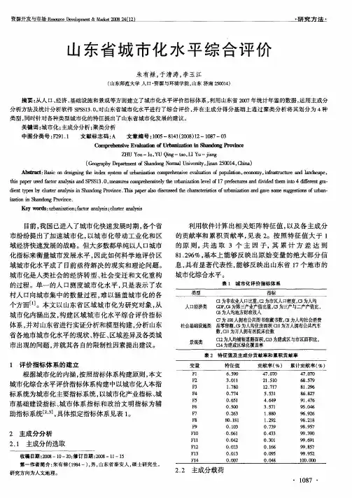 山东省城市化水平综合评价