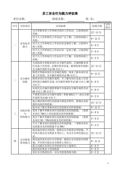 员工安全行为能力评估表2013