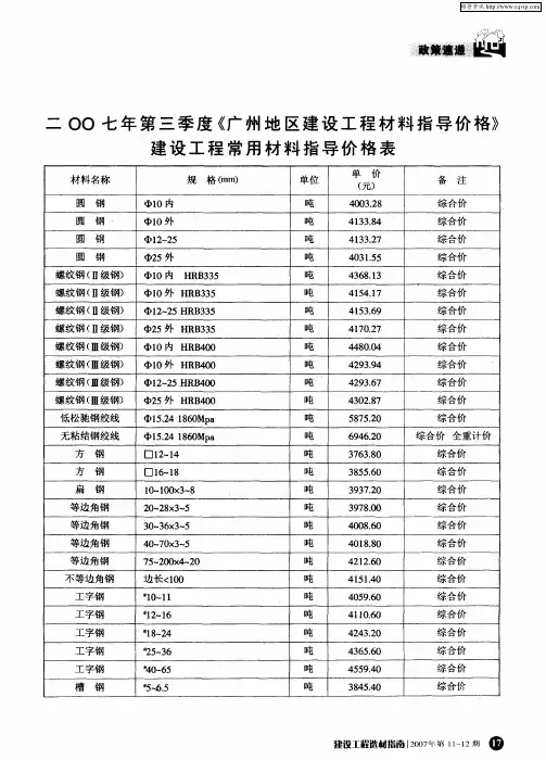 二○○七年第三季度《广州地区建设工程材料指导价格》建设工程常用材料指导价格表