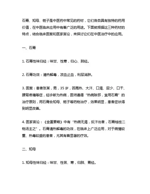 含有石膏、知母、栀子的医案医话