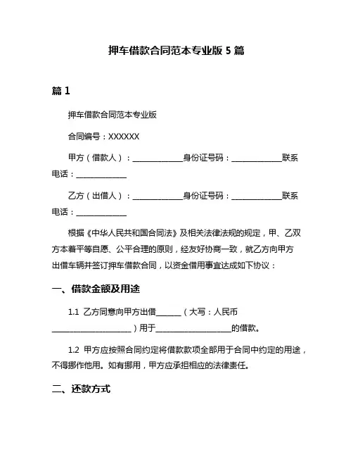 押车借款合同范本专业版5篇