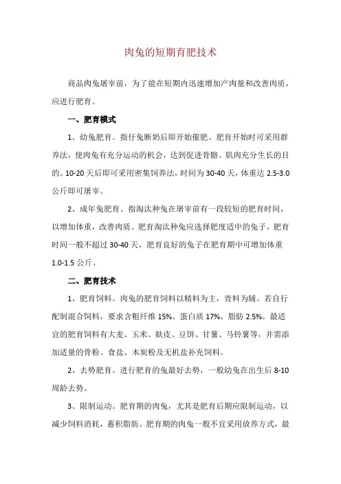 肉兔的短期育肥技术