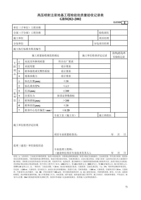 高压喷射注浆地基工程检验批质量验收记录表
