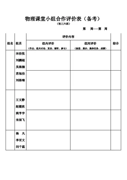初三六班小组合作评价表(备考)