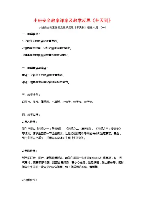 小班安全教案详案及教学反思《冬天到》4篇