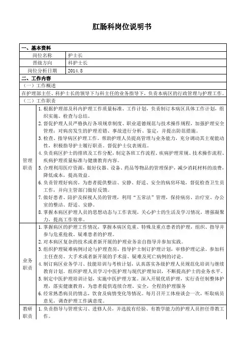 肛肠科岗位说明书