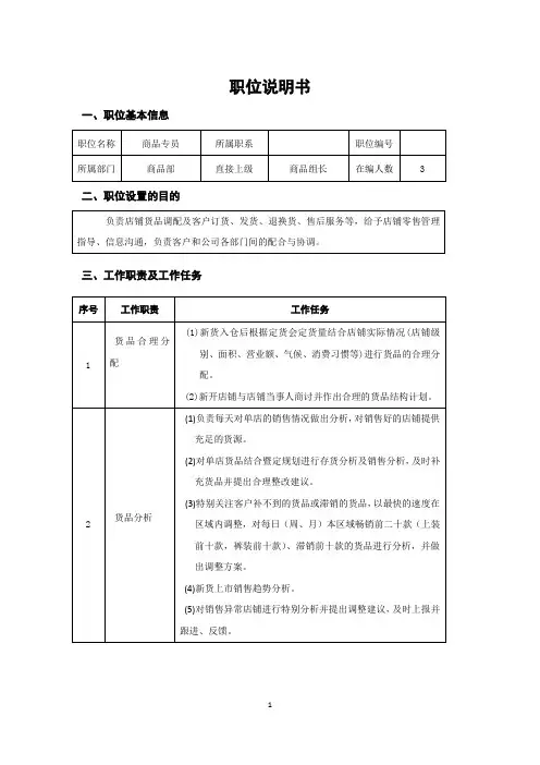 商品部商品专员职位说明书