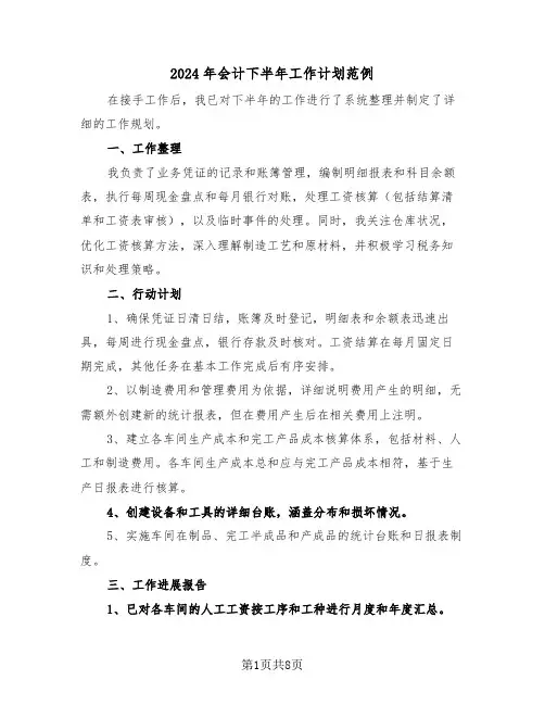 2024年会计下半年工作计划范例（五篇）