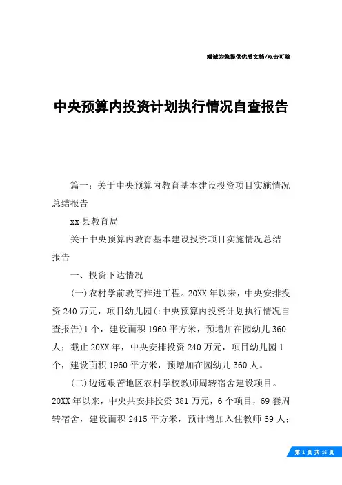 中央预算内投资计划执行情况自查报告