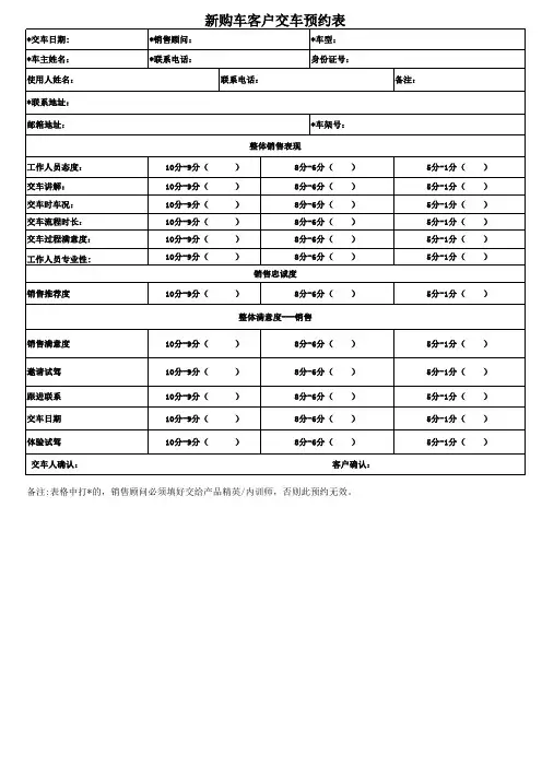 新购车客户交车预约表