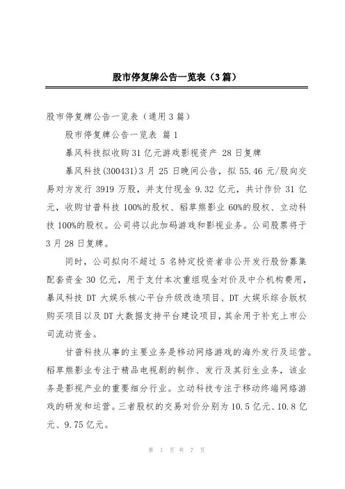 股市停复牌公告一览表(3篇)