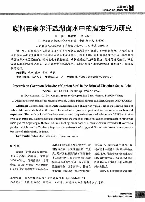碳钢在察尔汗盐湖卤水中的腐蚀行为研究