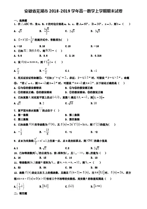 安徽省芜湖市2018-2019学年高一数学上学期期末试卷